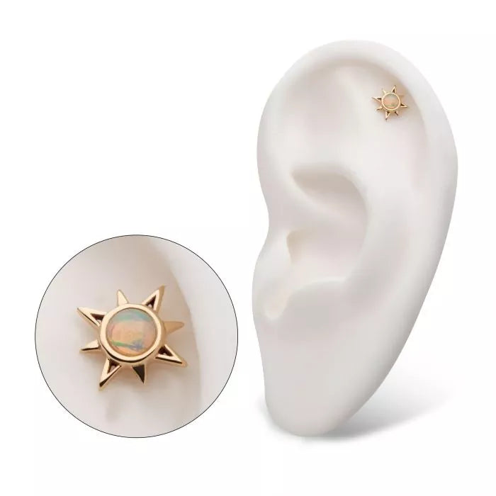 14Kt Yellow Gold Threadless with Round White Synthetic Opal Sunburst Top
